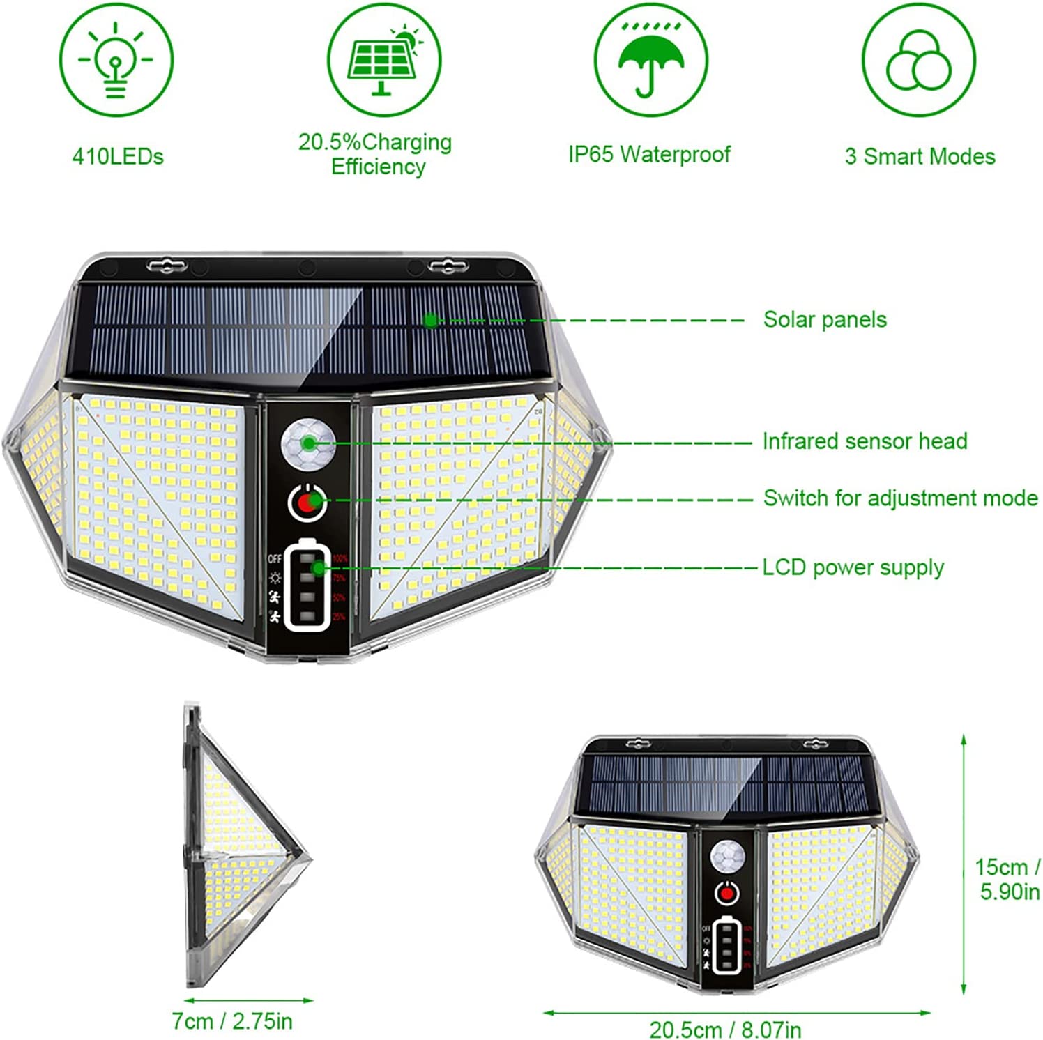 WallMega™- Den 410 LED solcellelampe til hegn